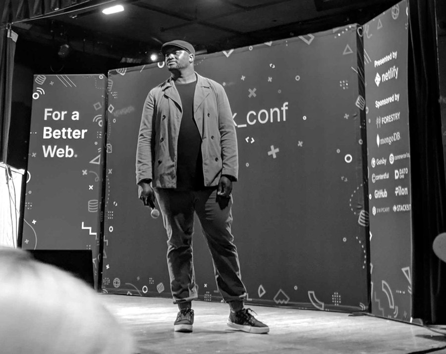 Gerald on stage at JAMstack_conf NYC in 2019